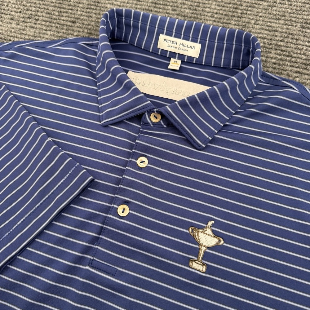 Peter Millar Summer Comfort Polo Shirt Mens XL Blue Stripped Golf Trophy Cup PA